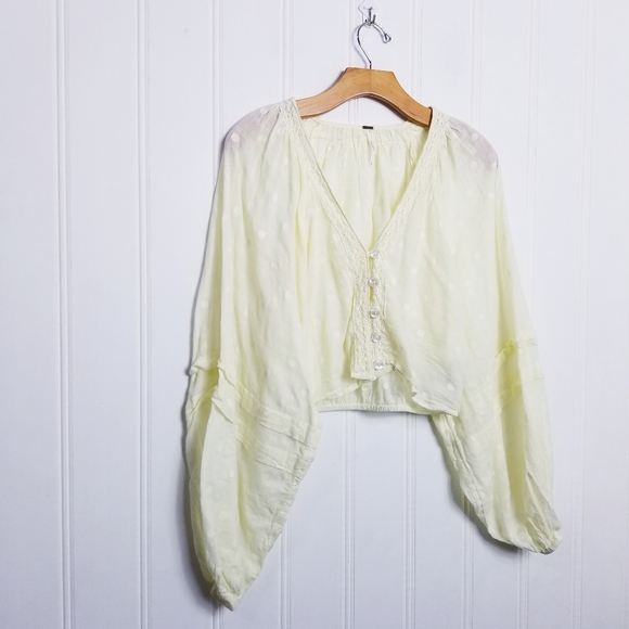 Free People Tops - Free People Ballon Sleeve Crop Top Womens Yellow Button V Neck Longsleeve